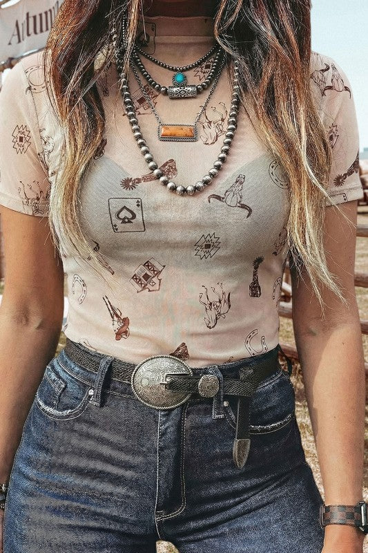 Western mesh short sleeve top